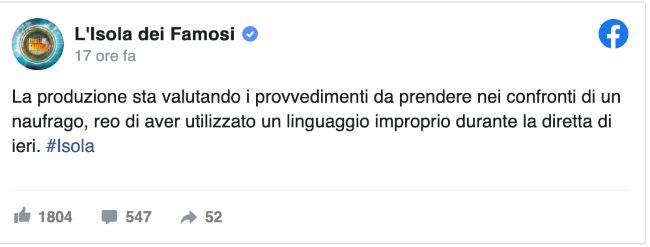 Isola dei famosi: Concorrente squalificato per linguaggio inappropriato? Risponde la produzione