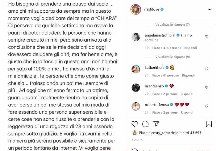 Chiara Nasti abbandona (momentaneamente) i social