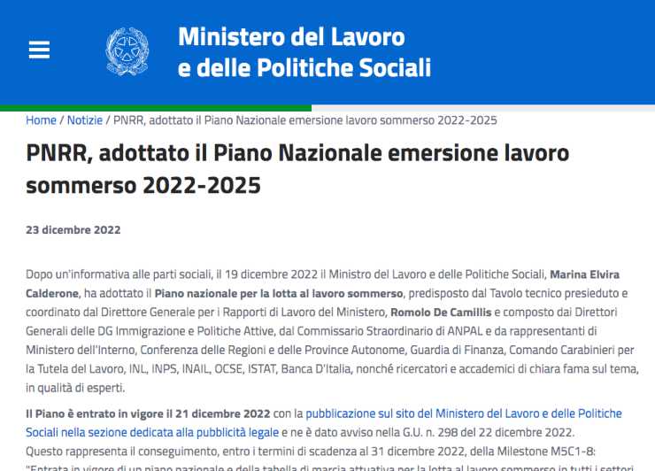 Piano nazionale per la lotta al lavoro sommerso. 05-01-2023