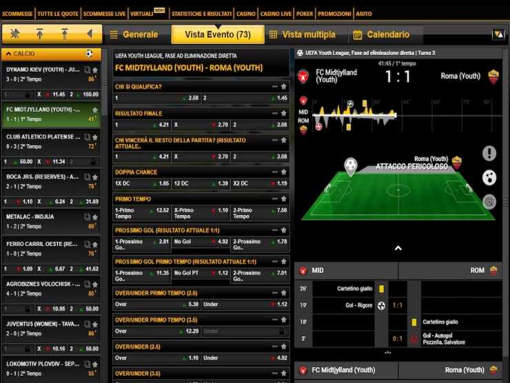 Schermata scommesse sportive su evento live