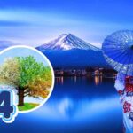 Monte Fuji con giapponese di spalle e tondo con simbolo delle 4 stagioni