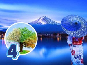 Monte Fuji con giapponese di spalle e tondo con simbolo delle 4 stagioni