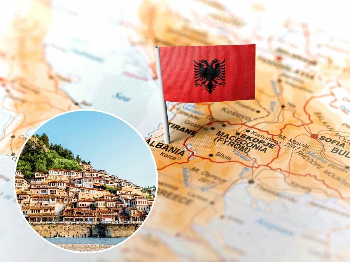 sfondo cartina Albania e tondo con città