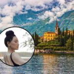 sfondo lago italiano con castello e tondo con ragazza che fa il bagno