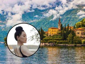 sfondo lago italiano con castello e tondo con ragazza che fa il bagno